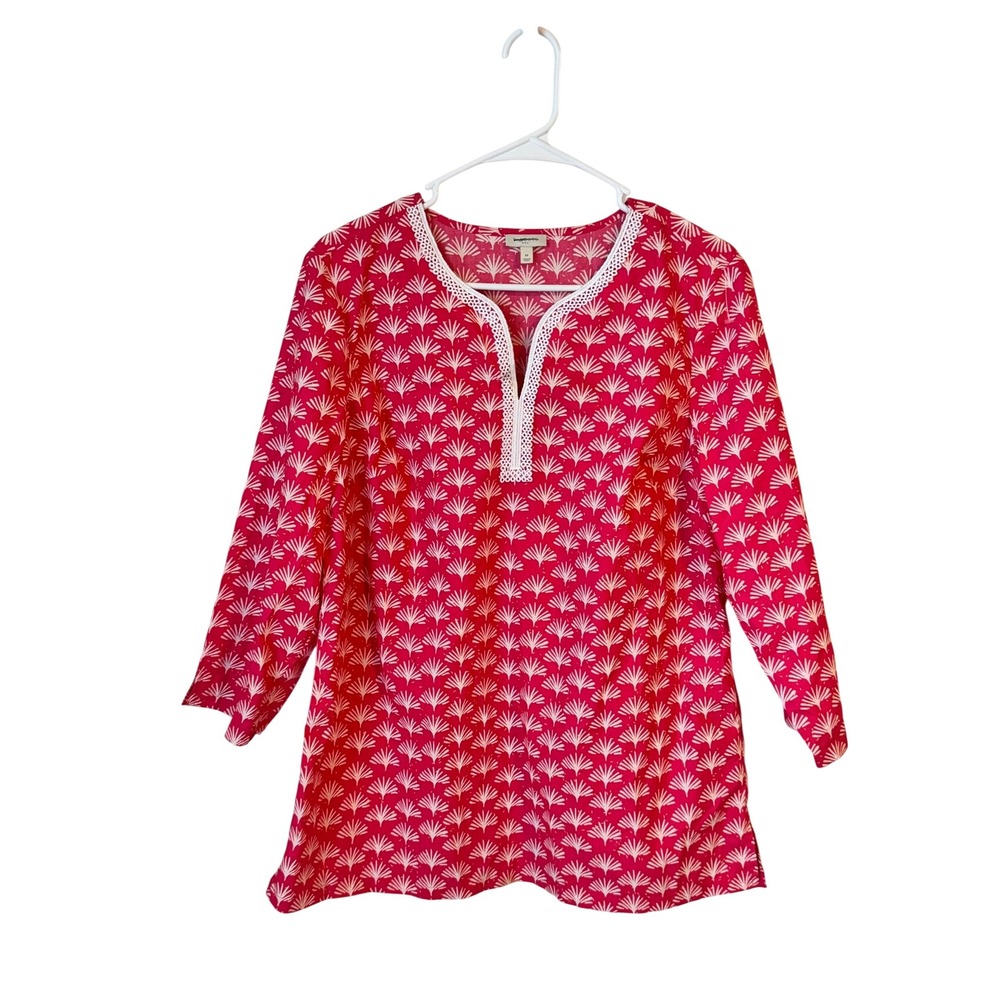 Talbots Red White Shell Print Cotton Tunic Top Crochet Lace V-Neck Size M